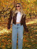 Fashionkova party look inspos Women Fashion Fur Collar Short Leather Jacket Fasion New Loose Warm Long Sleeves Zipper Coat 2025 Female Winter High Streetwear