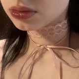 Fashionkova Goth Y2K Girl Pink Choker Cute Black Lace Bow Double layered Long Tassel Necklace For Women Charm Jewely EMO 2000s Accessory