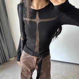 Fashionkova Yedinas Gothic Hollow Out Sexy Women T Shirt Long Sleeve Slim Y2k Grunge Aesthetic Tshirts Spring Ladies Tops Tee Shirt Femme