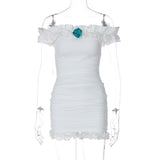 Fashionkova Women's 2 Piece Set Off Shoulder Short Sleeve Frill Trim Ruched Bodycon Dress + Elastic Waist Lace Trim Shorts Summer Outfits Casual Outfit