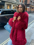 Fashionkova party look inspos Chic Spliced Faux Fur Coat For Women Lapel Full Sleeve Jacket Red Reffled Solid Vintage Warm Coat New Lady Winter Streetwears