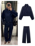 Fashionkova Street Denim Stripe Pants Set Women Long Sleeve Stand Collar Pocket Zipper Jacket Suit 2025 Straight Lace Up Casual Jeans Sets