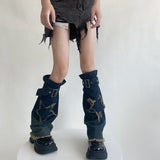 Fashionkova  Nye Outfit Y2K Star Strap Denim Leg Warmers Punk Cross Harajuku Leg Covers Gothic Leg Socks Y2K Personalized Calf Socks Leg Boot Cuffs Sock