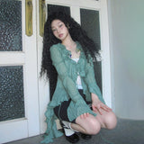 Fashionkova Japanese Y2k Lace Shirt Vintage 2000s Style Ruffles Blouses Grunge Aesthetics Irregular Green Shirts American Retro 90s Spring Style 2025