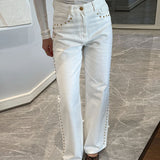 Fashionkova Street Bead White Jean Women Chic Baggy Wide Leg Straight Pocket Zipper Denim Long Pants 2025 Spring Casual Commute Lady Trouser