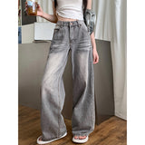 Fashionkova party outfit  Summer Grey Womens Jeans High Waist Baggy Casual Vintage Y2K Trend Straight Cargo Pants Street American Wide Leg Denim Trouser