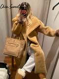 Fashionkova Party Outfit Long Street Women's Faux Fur Coats With Belt Casual Lapel Ful Sleeve Pocket Plush Female Overcoats 2025 Spring Lady Outwear