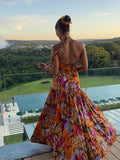 Fashionkova Halter Pleated Print Women Dresses Sleeveless Backless High Waist Lady Maxi Dress 2025 Spring A-line Holiday Beach Female Robes ootd