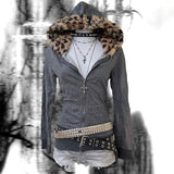 Fashionkova party outfit  Y2k Women Harajuku Aesthetics Leopard Print Zip Up Hoodie Hip Hop Punk Grunge Gothic Vintage Rock Casual Streetwear EMO Girl