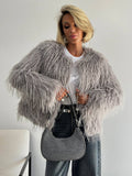 Fashionkova Party Outfit Elegant Furry Faux Fur Short Coats Women Luxury Solid O-neck Long Sleeved Jackets Lady Autumn Winter Thickened Warm Outwears Top