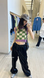 Fashionkova Checkerboard Knit Tank Top for Women Contrast Color Crew Neck Sleeveless Crop Sweater Vest Teengirl 90s Y2K Spring Summer Outfit Spring Style 2025