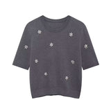 Fashionkova Jeweled Knitted Sweater Top Mini Skirt Set Studded Flower Gray Crew Neck Women Short Sleeve Knitwear Half Skirts Fall Winter New ootd outfit idea