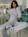 Fashionkova Women¡¯S Casual 2 Piece Pants Set Long Sleeves Bodycon Crop Top And Drawstring Flare Pants Matching Set Streetwear Autumn