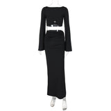 Fashionkova Valentine's Day Aesthetic Trendix High Slit Long Skirt Sets Women's Sexy Backless Long Sleeve Hollow Short Top Party Elegant Sheath Skirt 2PCS Suits Women