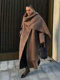 Fashionkova Party Outfit Vintage Hidden Button Long Coats With Scarf Women Casual Solid Lapel Slit Maxi Coats Female Winter Chic Elegant Street Overcoats