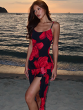Fashionkova Chic Flower Printed Square Neck Midi Dress For Women Fashion Sleeveless Backless High Slit Long Dresses Holiday Lady Beach Robes ootd