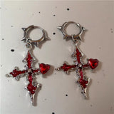 Fashionkova Gothic Thorn Red Heart Cross Hoops Earrings For Women Men Punk Hip Hop Y2K Stainless Steel Jewelry Grunge Charms Accessories