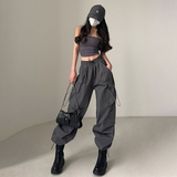 Fashionkova Party Outfit American Workwear Pants Women Loose Solid Elastic High Waist Drawstring Pockets Versatile Trend Sports Casual Wide Leg Trousers