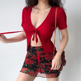 Fashionkova Y2K Long Sleeve Knitted Women Cardigan Sweaters Casual Short Sleeve Solid V Neck Crop Tops Sexy Girl Drawstring Slim Streetwear Spring Style 2025