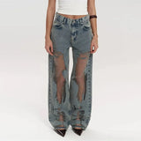Fashionkova Street See Through Jeans Women Casual Patchwork Low Waist Zipper Pocket Denim Pants Female 2025 Summer Fashion New Lady Trousers