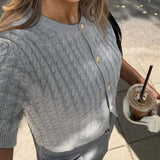 Fashionkova Combhasaki Women's Y2K Chic Cable Knitwear Cardigans Striped Short Sleeve Button-down Round Neck Cropped Slim Fit Sweater Tops Casual Outfit