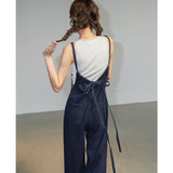 Fashionkova  Party Outfit  MEXZT Denim Overalls Women Streetwear Jumpsuits Vintage Sweet Wide Leg Suspender Pants Preppy Bow Bandage Strap Jeans Trousers