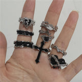 Fashionkova Punk Harajuku Goth Thorns Black Silver Color Irregular Heart Cross Open Ring For Women Men Lover Vintage 90s Y2K Grunge Jewely