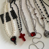 Fashionkova Punk Gothic Red Glass Cross Heart Pendant Pearl Necklace For Women Men Hip Hop Y2K 90s Short Choker Charms Jewelry Accessories