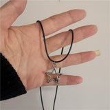 Fashionkova New Kpop Fashion Sweet Cool Tibetan Hollow Double Star Pendant Necklace Choker Charm Black Cord Handmade Punk Grunge Y2K Jewelry