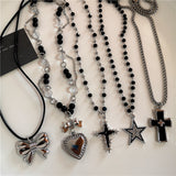 Fashionkova Gothic Y2K Peach Heart Star Cross Pendant Black Beaded Chain Short Choker Necklace For Women Charms Goth Jewelry EMO Accessories