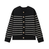 Fashionkova Autumn New Women's Fashion Casual Versatile Round Neck Long Sleeve Single breasted Striped Knitted Coat Valentine's Day Aesthetic