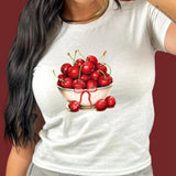 Fashionkova Women's Summer Y2K Aesthetic Baby Tee Slim Fit Cherry/Fruits/Boots Print T-Shirts Round Neck Short Sleeve Crop Tops fairycore