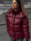 Fashionkova party look inspos Women Fashion Burgundy Red Hooded Padded Jacket Winter Warm Stand Collar Zipper Breasted Parka 2024 New Lady High Streetwear