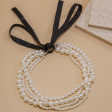 Fashionkova Boho Black Bow Pendant Necklace 2024 Women's Multi Layer Sweet Imitation Pearl Beads Girl Fashion Wedding Jewelry ootd