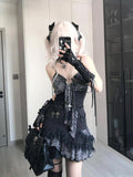 FashionKova-Goth Summer Sexy Dress Women Clothes Punk Streetwear Lace Sling Black Dark Slim short Dresses Hot Girl High Waist Y2k Mini Dress