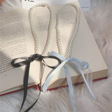 Fashionkova Kpop Goth Lolita Y2K Romantic Pearl Beaded Choker Fashion Pink Black Adjustable Bow Necklace Banquet Wedding Jewelry Accessories