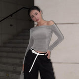 Fashionkova Valentine's Day Aesthetic Women New T-shirt Autumn Sexy Crop Top Off Shoulder Slim Solid Tees Long Sleeves Streetwear Pullover Asymmetrical Tees Clothing