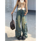 Fashionkova party outfit  Women's Blue Gothic Baggy Cargo Jeans with Star Harajuku Y2k 90s Aesthetic Denim Trousers Emo 2000s Jean Pants Vintage Clothes