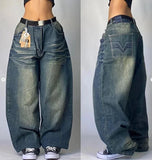 Fashionkova American Y2K New Fashion Pattern Embroidery Loose Jeans Men Street Casual Joker Mopping Oversized Wide-leg Pants Couple Jeans Casual Outfit