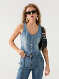 Fashionkova Women's Denim Vests Stylish Sleeveless V Neck Button Down Slim Fit Waistcoats Crop Tops for Streetwear Grunge Clothes Fairycore