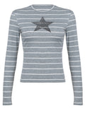 Fashionkova party look inspos Gray Stripe Star Print Casual Y2K Pullover Tee O Neck Basic Slim Long Sleeve Spring Autumn T Shirt Women Preppy Streetwear
