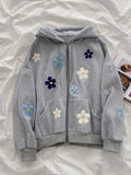 Fashionkova Y2k Cutecore Floral Zip Up Hoodie for Women Graphic Oversized Hooded Sweatshirt Fall Casual Long Sleeve Jacket 2024 New