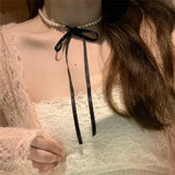 Fashionkova Kpop Goth Lolita Y2K Romantic Pearl Beaded Choker Fashion Pink Black Adjustable Bow Necklace Banquet Wedding Jewelry Accessories