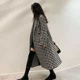 Fashionkova party look inspos Fashion Houndstooth Faux Wool Jacket Women Autumn Korean Elegant Single Breasted Long Overcoat Winter Thick Warm Blend Outwear