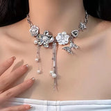 Fashionkova Exaggerated Romantic Elegant Flower Tassel Necklace Metal Butterfly Vintage Pearl Choker Jewelry For Women Aesthetic Accessorie