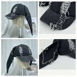 Fashionkova Niche Y2k Rabbit Ears Denim Ripped Baseball Cap Men and Women Dark Personality Metal Ring Street Trend Adjustable