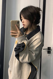Fashionkova Contrast Color Splice Embroidery Neck Baggy Sweatshirt