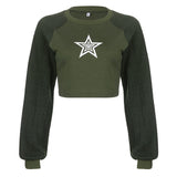 Fashionkova Women Hip Hop Coats Harajuku Casual Loose Hooded Sweatshirt Green T-shirt Patchwork Star Print Hoodie Short Cut With Exposed Fairycore