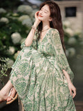 Fashionkova Women's Vintage Floral Print V-Neck Dress Female One-Piece Clothes French Lady A-Line Elegant Chic Maxi Dresses New 2023 Outfit Ideas