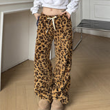 FashionKova-Y2K drawstring loose personality leopard print plush casual pants American Spice Girls elastic low waist slimming wide leg pants